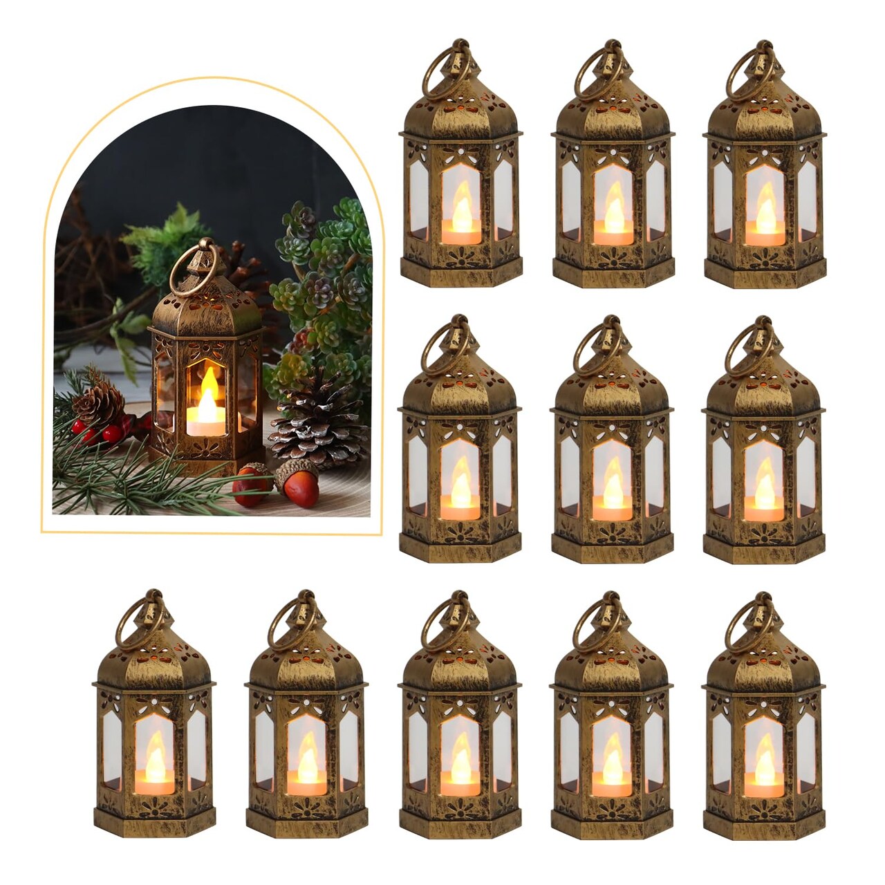 8Pcs Mini Lantern with LED Tealight, Vintage Brown Lanterns Decorative, Hanging Candle Lanterns for Ramadan Wedding Table Centerpiece Indian Diwali Decor, Garden Fairy Party Decorations